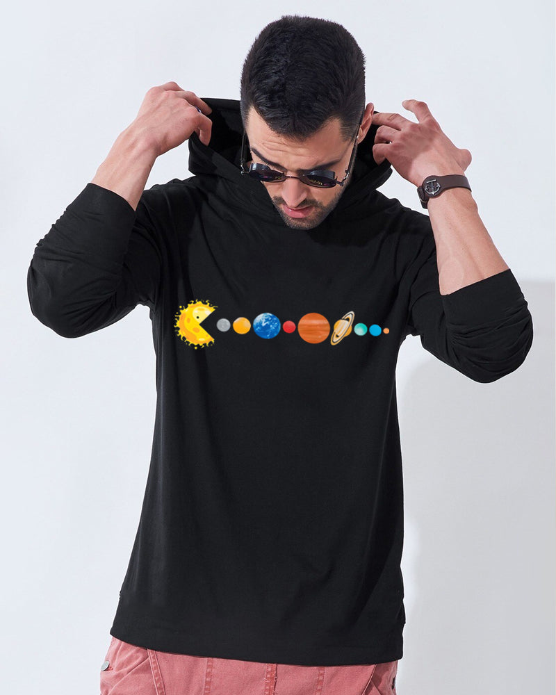 Black Hooded Planets Sleeve Round Neck Cotton blend Men's T-Shirt-FRONT