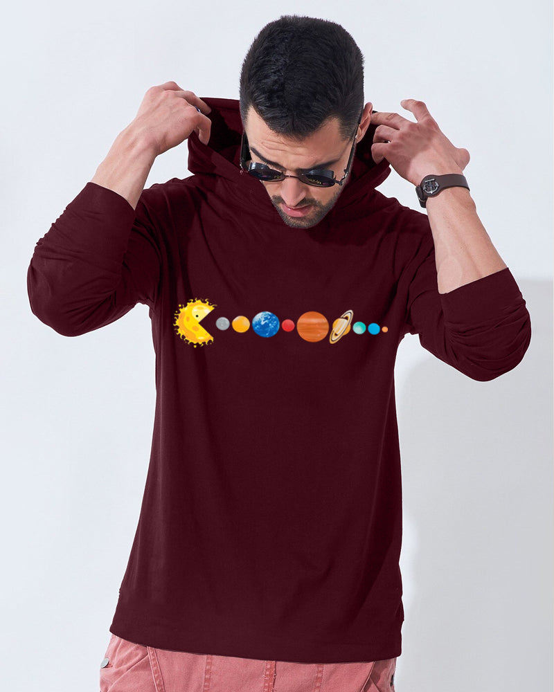 Maroon Hooded Planets Sleeve Round Neck Cotton blend Men's T-Shirt-FRONT