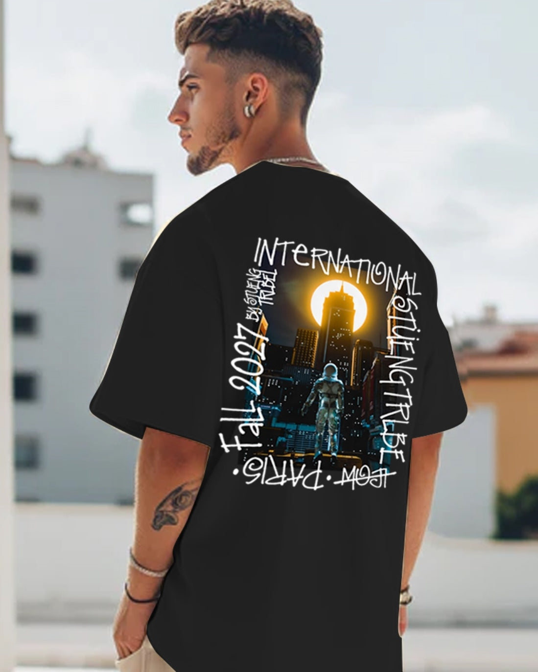 Black Five Sleeve T-Shirts Trendy Back Print Premium Cotton Blend