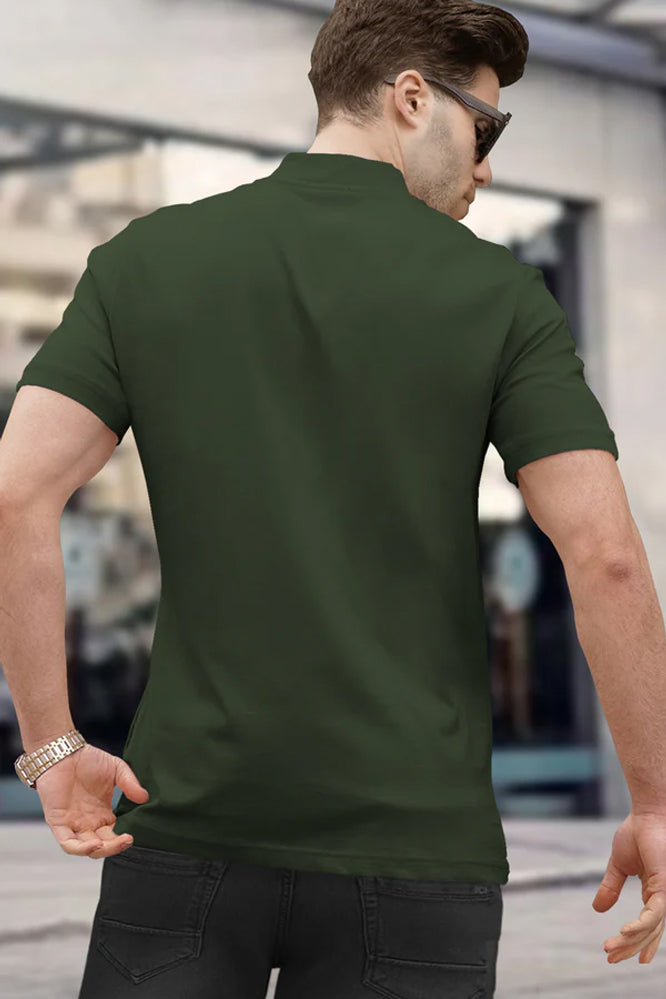 WHO Green Half Zippered High Neck Men's Half Sleeve T-Shirt-BACK