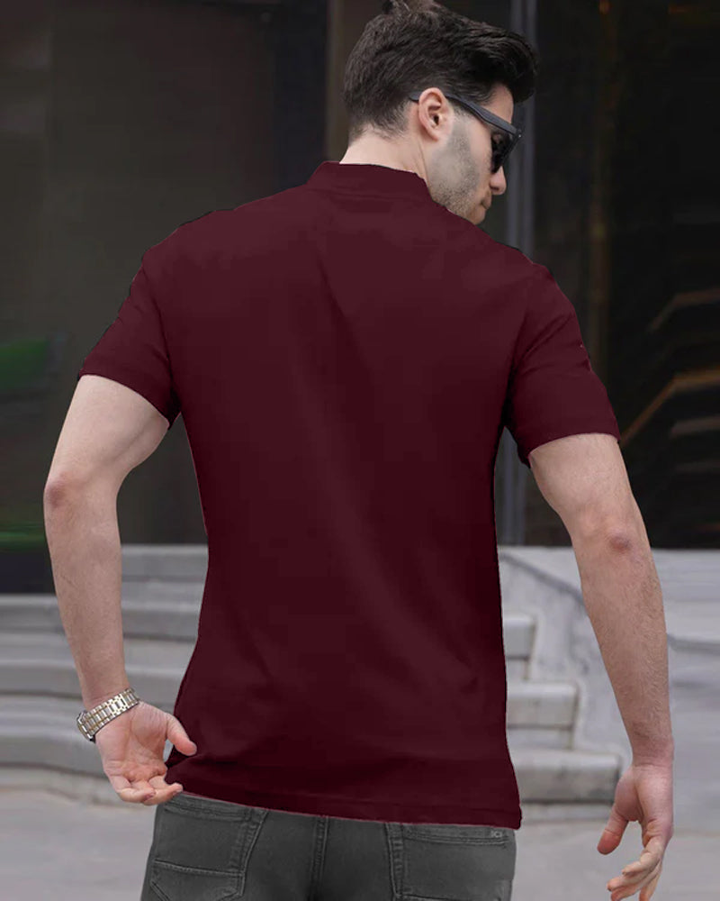 Beenest Maroon Half Zippered High Neck Half Sleeve Men's T-Shirt-BACK