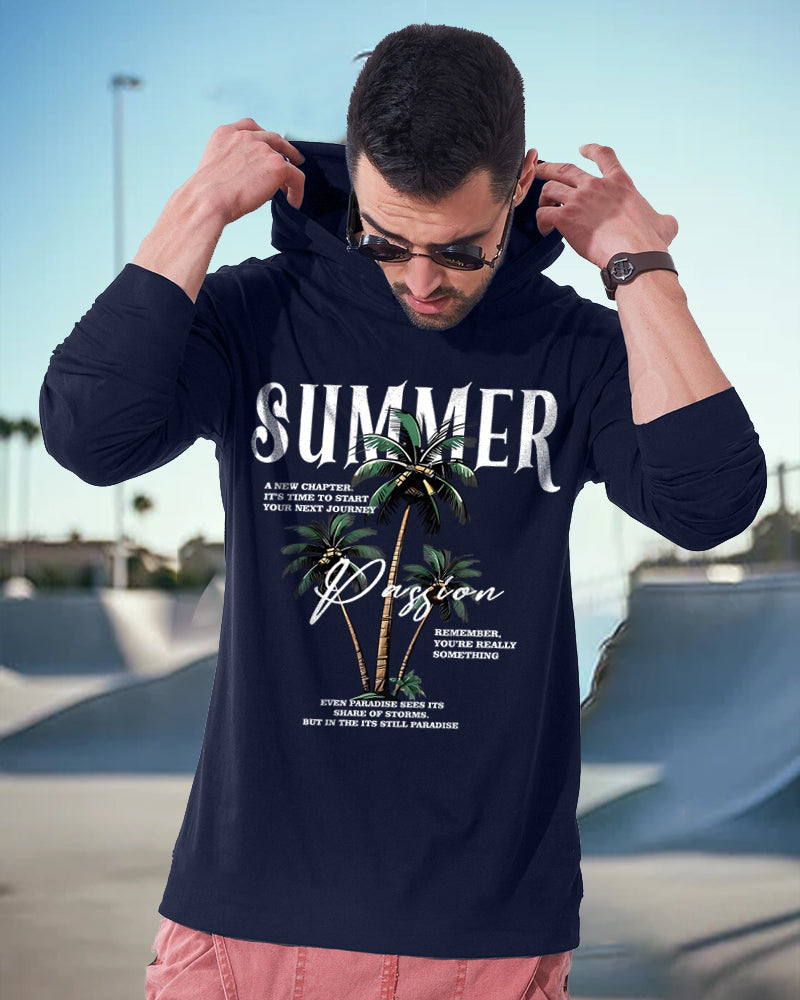 NAVY Hooded Summer Sleeve Round Neck Cotton blend Men's T-Shirt-FRONT
