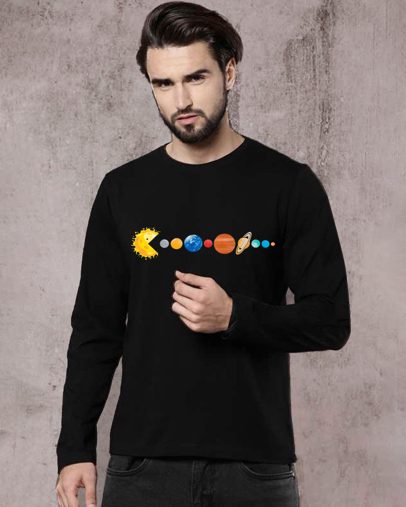 Black Full Planets Sleeve Round Neck Cotton blend Men's T-Shirt-FRONT