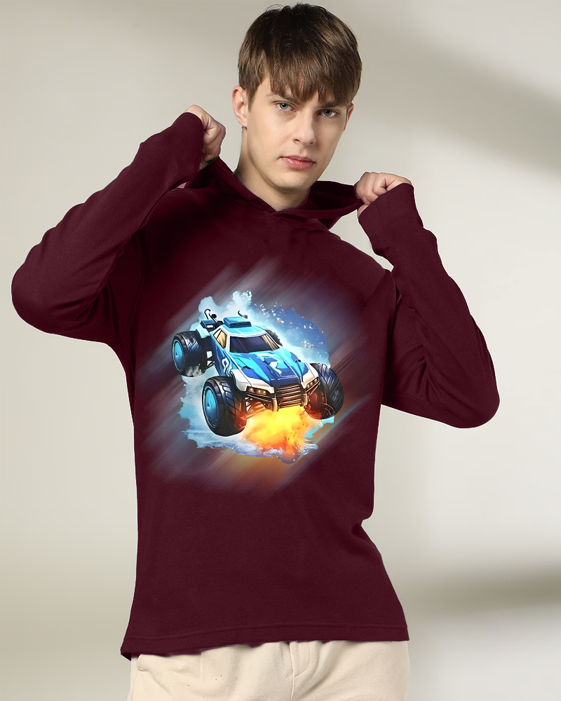 Maroon Hooded Car Sleeve Round Neck Cotton blend Men's T-Shirt-FRONT