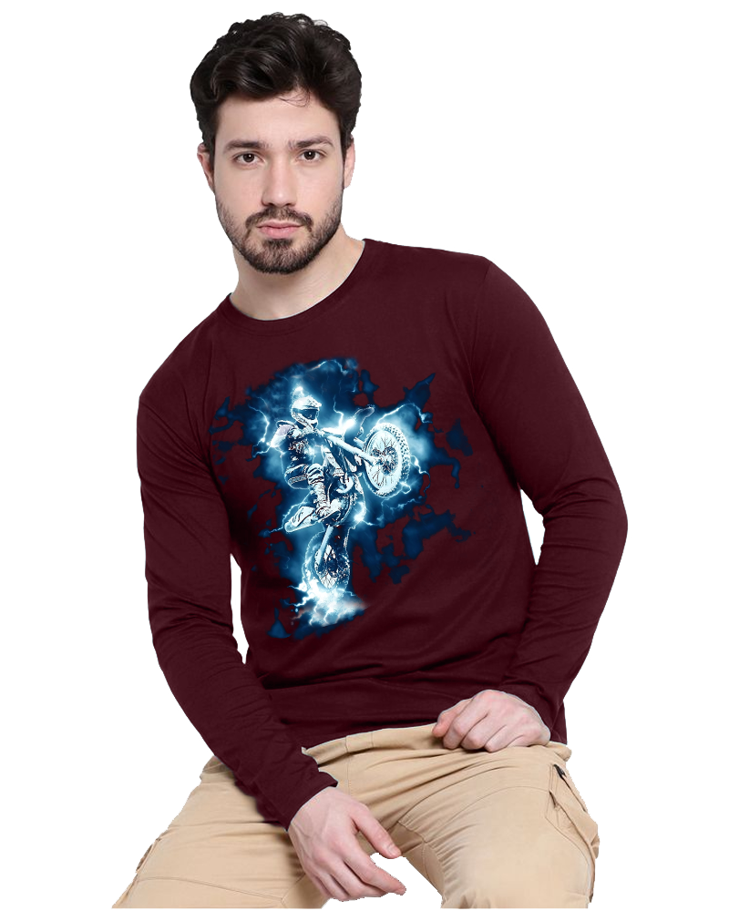 Maroon Full Bike Sleeve Round Neck Cotton blend Men's T-Shirt-FRONT