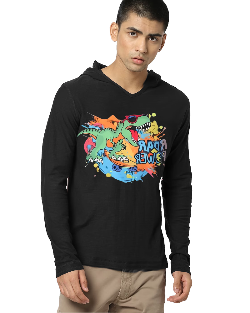 Black Hooded Dino Sleeve Round Neck Cotton blend Men's T-Shirt-FRONT