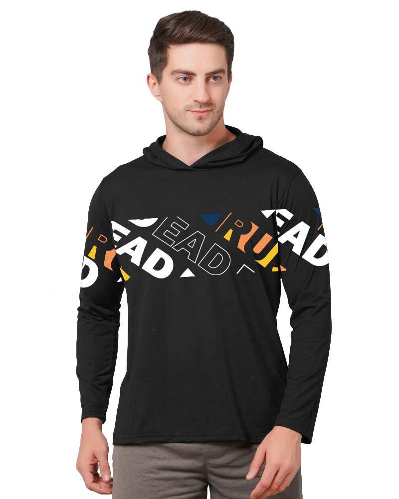 Black Hooded LEAD Sleeve Round Neck Cotton blend Men's T-Shirt-FRONT