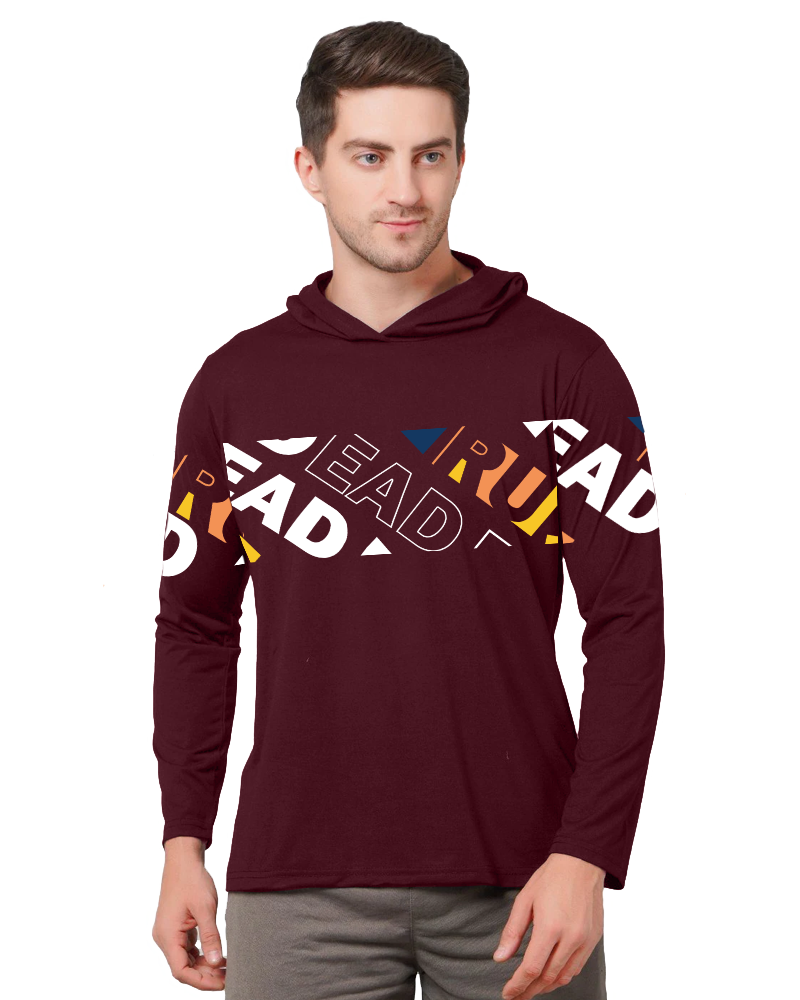 Maroon Hooded LEAD Sleeve Round Neck Cotton blend Men's T-Shirt-FRONT