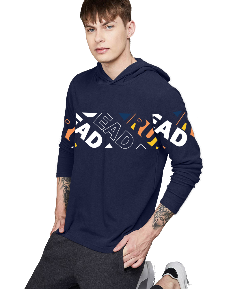 NAVY Hooded LEAD Sleeve Round Neck Cotton blend Men's T-Shirt-FRONT