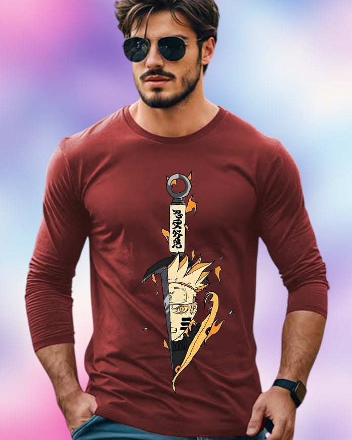 Maroon Full Sleeve Naruto Sleeve Round Neck Cotton blend Men's T-Shirt-FRONT