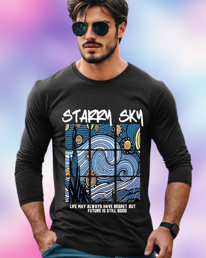 Black Full Sleeve Starry Sleeve Round Neck Cotton blend Men's T-Shirt-FRONT