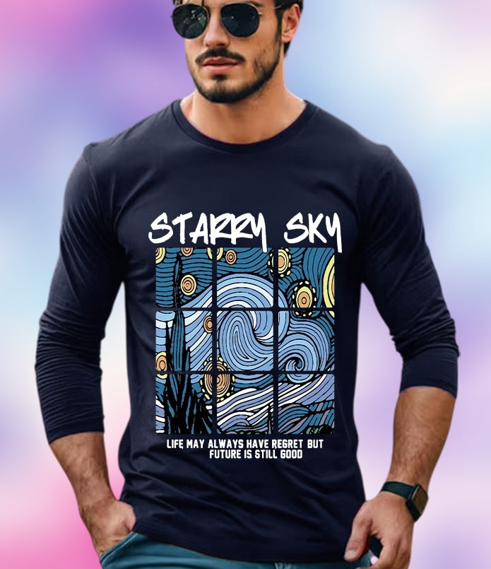 NAVY Full Sleeve Starry Sleeve Round Neck Cotton blend Men's T-Shirt-FRONT