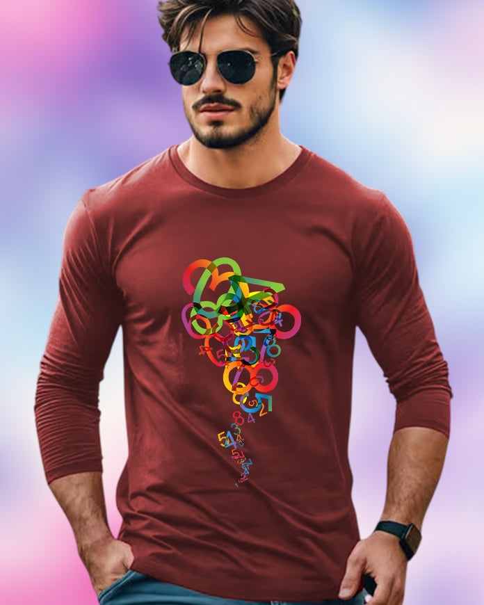 Maroon Full Sleeve Numbers Sleeve Round Neck Cotton blend Men's T-Shirt-FRONT