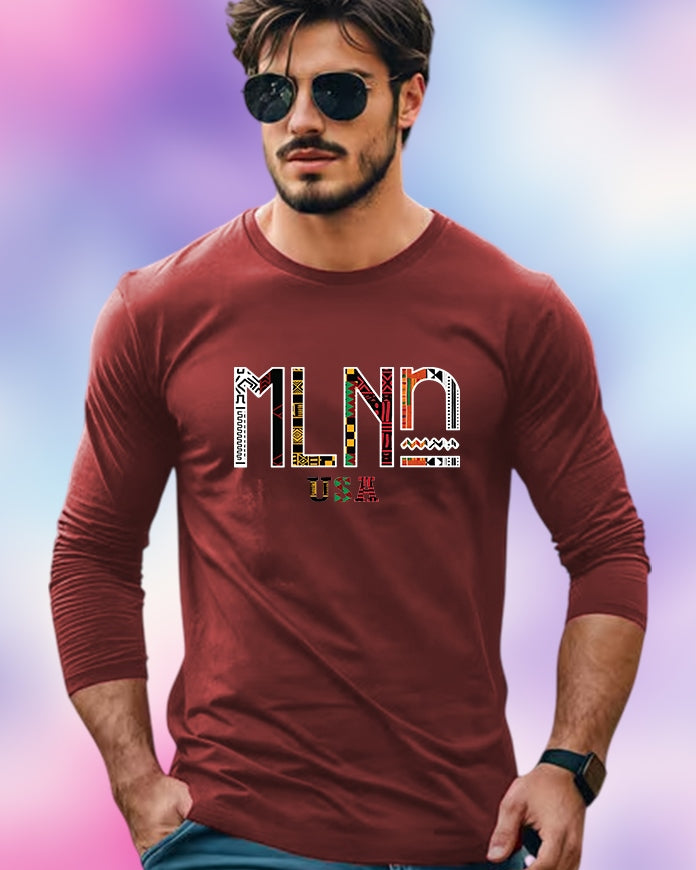 Maroon Full Sleeve MLNO Sleeve Round Neck Cotton blend Men's T-Shirt-FRONT