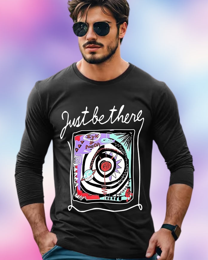Black Full Sleeve Just be there Sleeve Round Neck Cotton blend Men's T-Shirt-FRONT