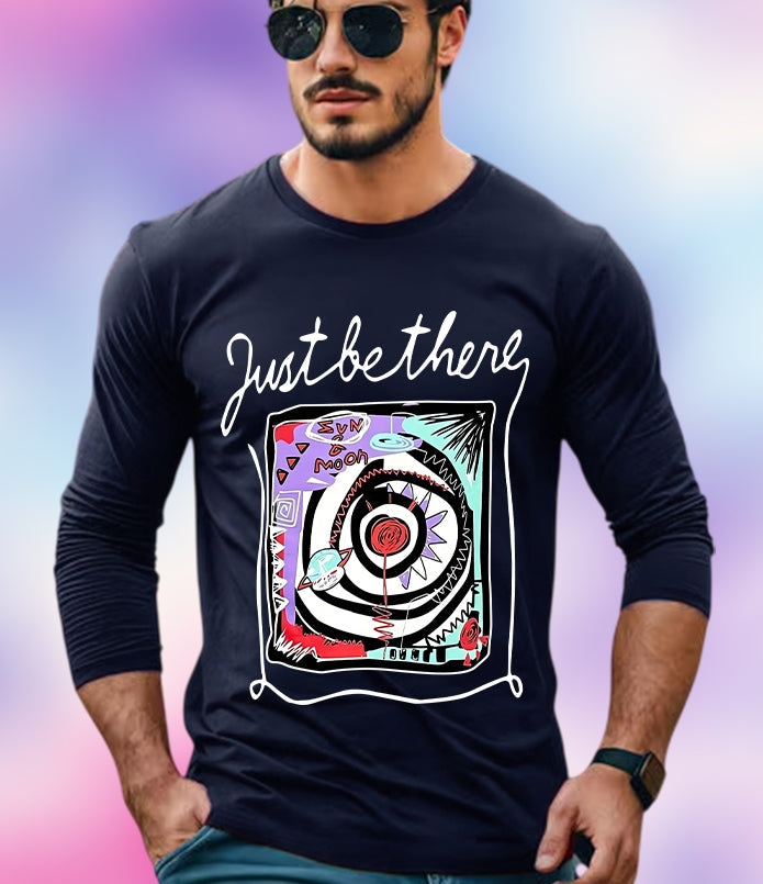 NAVY Full Sleeve Just be there Sleeve Round Neck Cotton blend Men's T-Shirt-FRONT