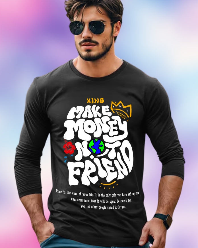 Black Full Sleeve Make Money Sleeve Round Neck Cotton blend Men's T-Shirt-FRONT