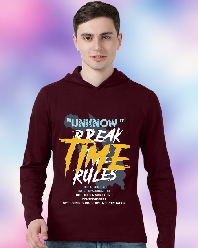 Maroon Hooded Rules Sleeve Round Neck Cotton blend Men's T-Shirt-FRONT