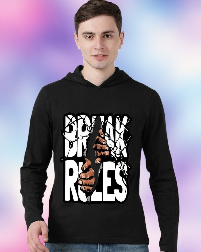 Black Hooded Break Rules Sleeve Round Neck Cotton blend Men's T-Shirt-FRONT