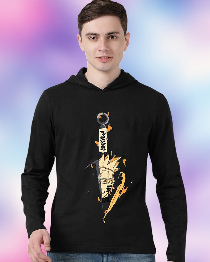 Black Hooded Naruto Sleeve Round Neck Cotton blend Men's T-Shirt-FRONT