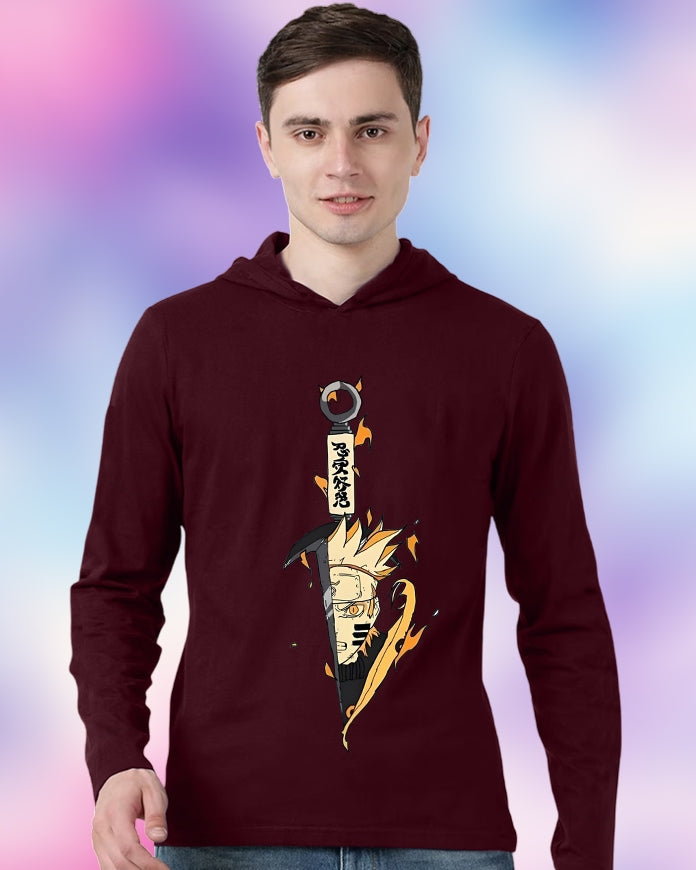 Maroon Hooded Naruto Sleeve Round Neck Cotton blend Men's T-Shirt-FRONT