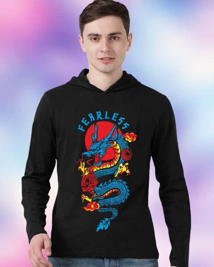 Black Hooded Dragon Sleeve Round Neck Cotton blend Men's T-Shirt-FRONT
