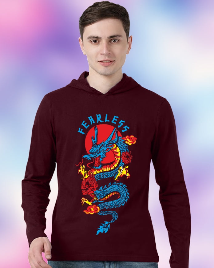 Maroon Hooded Dragon Sleeve Round Neck Cotton blend Men's T-Shirt-FRONT