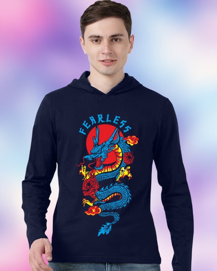 NAVY Hooded Dragon Sleeve Round Neck Cotton blend Men's T-Shirt-FRONT