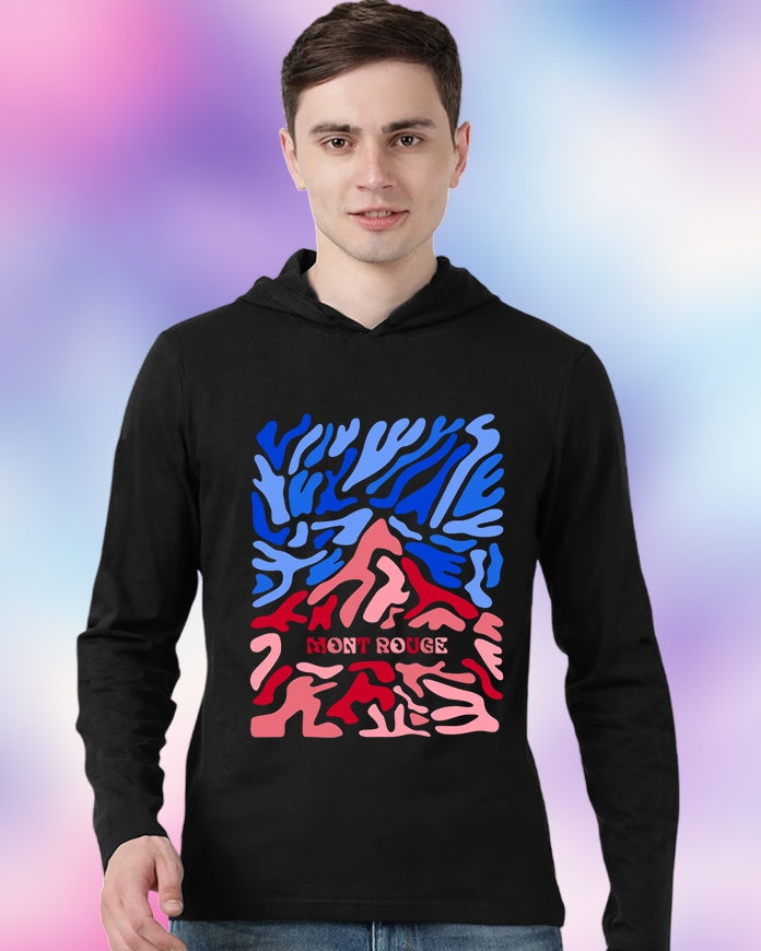 Black Hooded Mountain Sleeve Round Neck Cotton blend Men's T-Shirt-FRONT