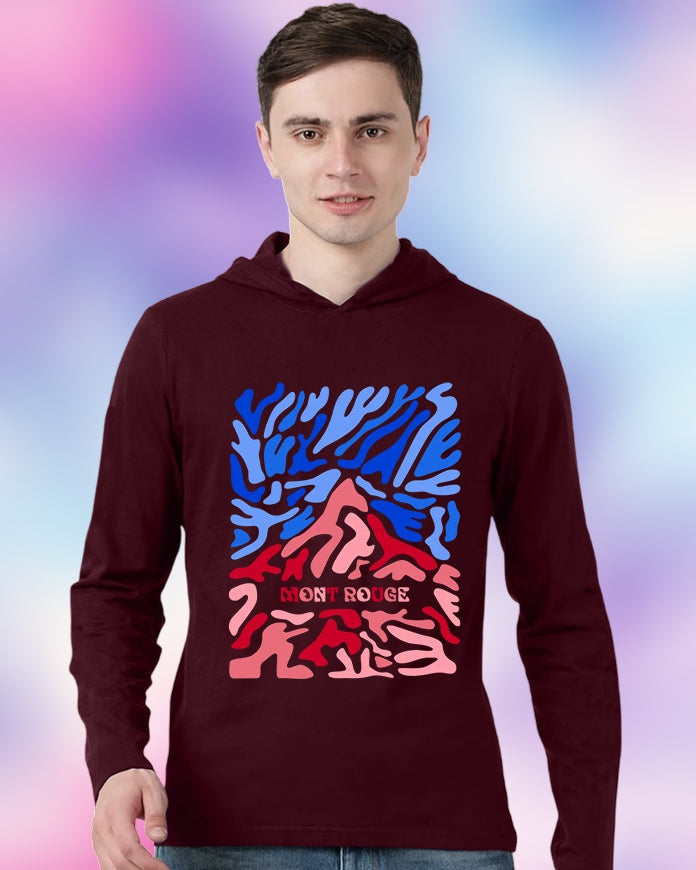 Maroon Hooded Mountain Sleeve Round Neck Cotton blend Men's T-Shirt-FRONT