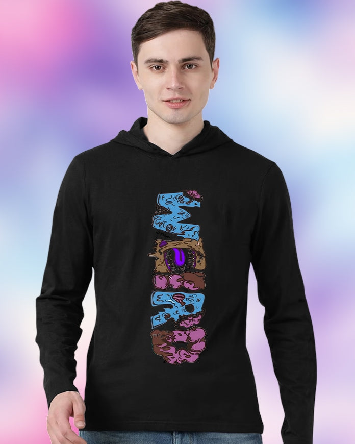Black Hooded Weird Sleeve Round Neck Cotton blend Men's T-Shirt-FRONT