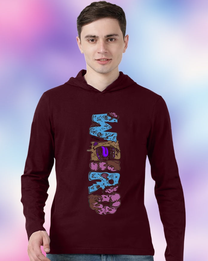 Maroon Hooded Weird Sleeve Round Neck Cotton blend Men's T-Shirt-FRONT