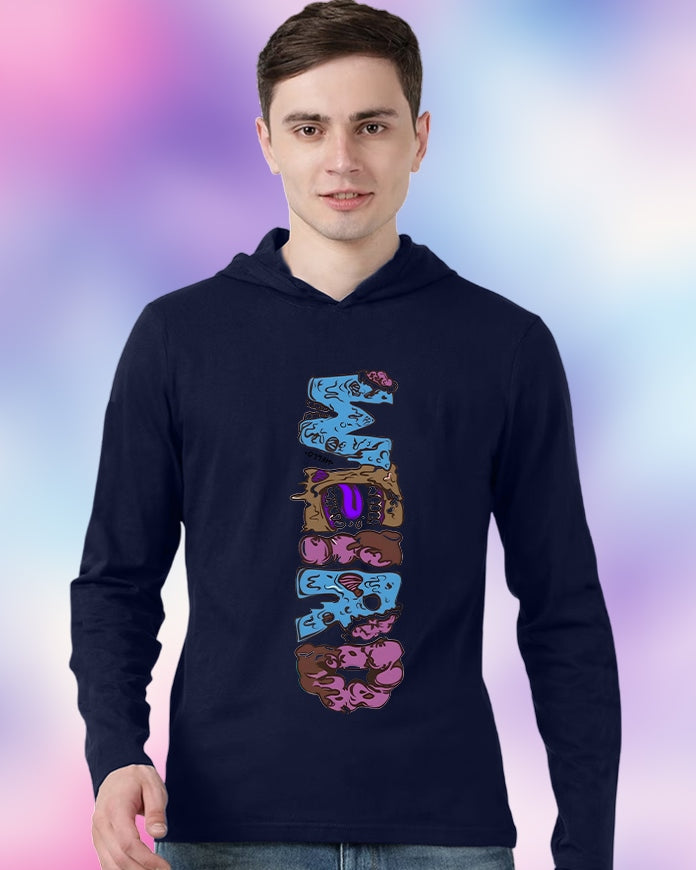 NAVY Hooded Weird Sleeve Round Neck Cotton blend Men's T-Shirt-FRONT