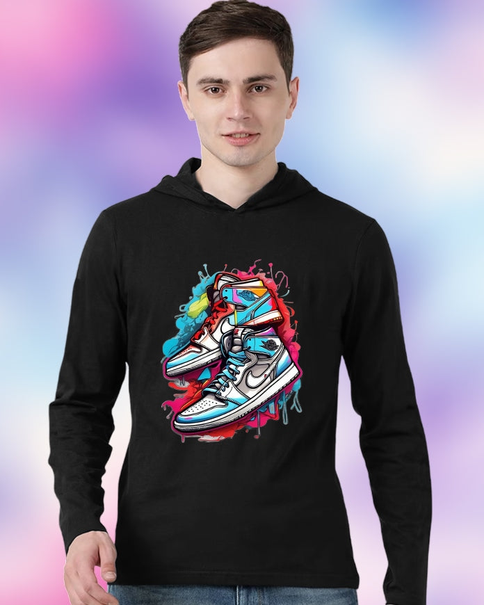 Black Hooded Shoe Sleeve Round Neck Cotton blend Men's T-Shirt-FRONT