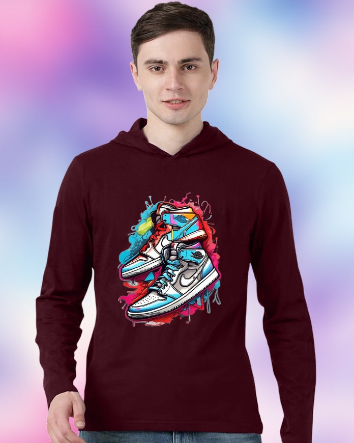Maroon Hooded Shoe Sleeve Round Neck Cotton blend Men's T-Shirt-FRONT