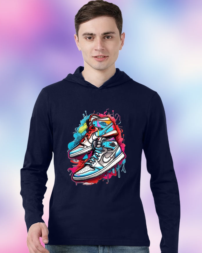 NAVY Hooded Shoe Sleeve Round Neck Cotton blend Men's T-Shirt-FRONT