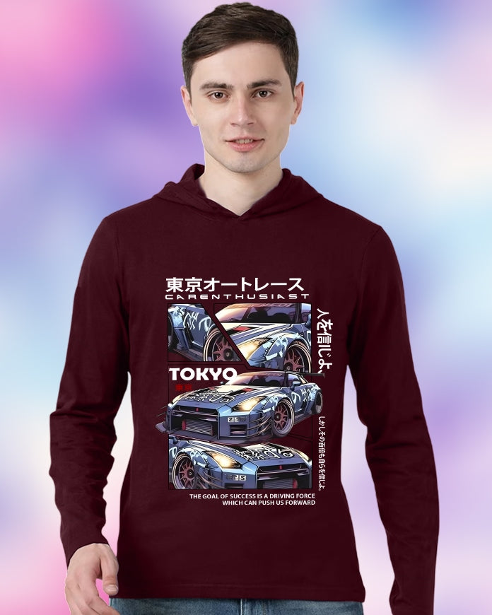 Maroon Hooded Tokyo Sleeve Round Neck Cotton blend Men's T-Shirt-FRONT