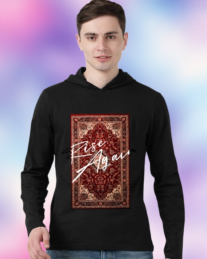 Black Hooded Rise Sleeve Round Neck Cotton blend Men's T-Shirt-FRONT