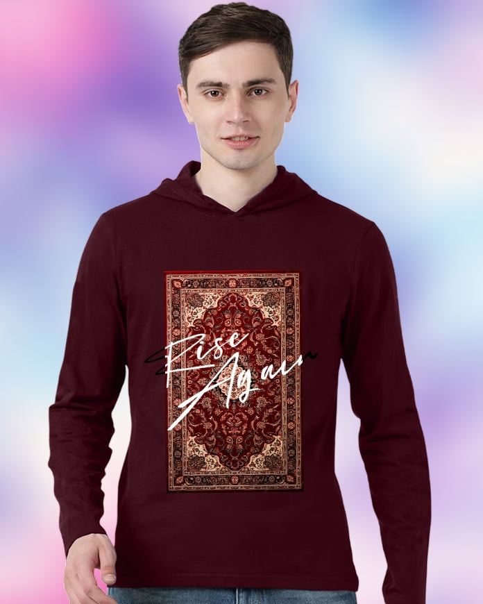 Maroon Hooded Rise Sleeve Round Neck Cotton blend Men's T-Shirt-FRONT