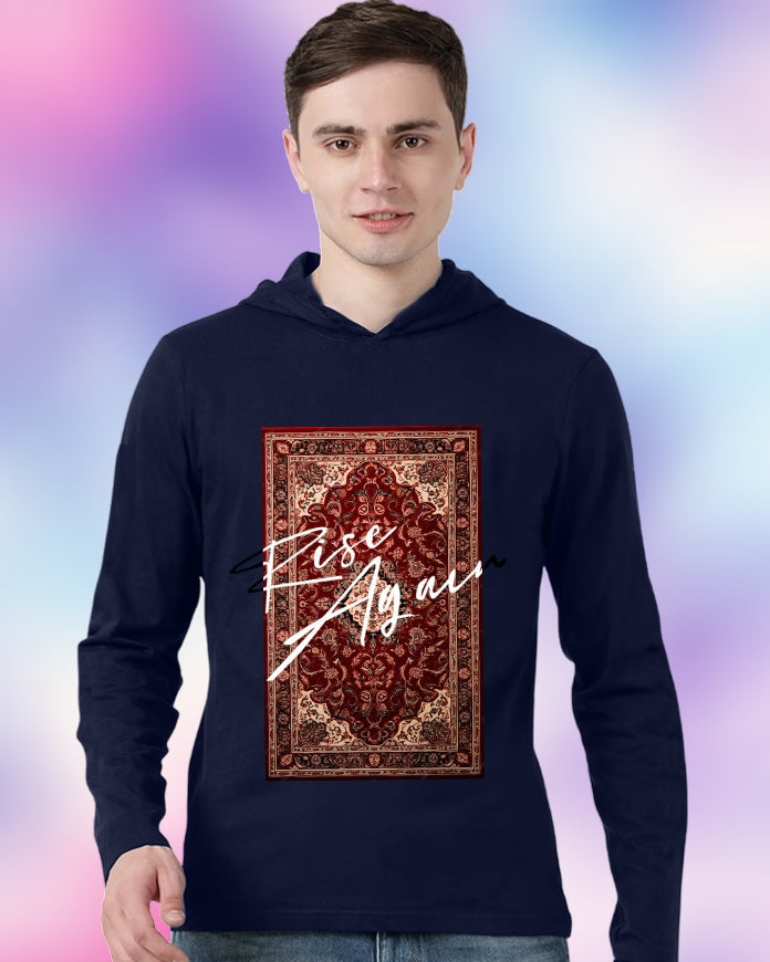NAVY Hooded Rise Sleeve Round Neck Cotton blend Men's T-Shirt-FRONT