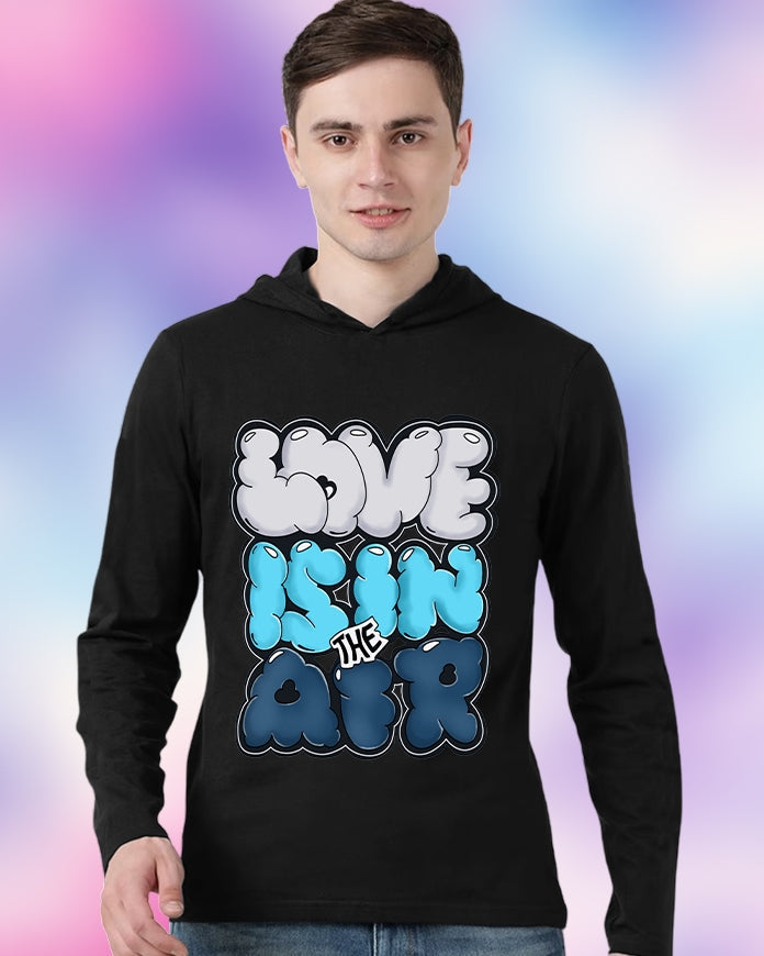 Black Hooded Love Sleeve Round Neck Cotton blend Men's T-Shirt-FRONT
