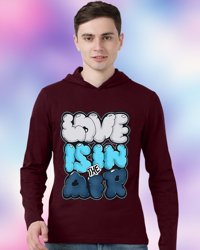 Maroon Hooded Love Sleeve Round Neck Cotton blend Men's T-Shirt-FRONT