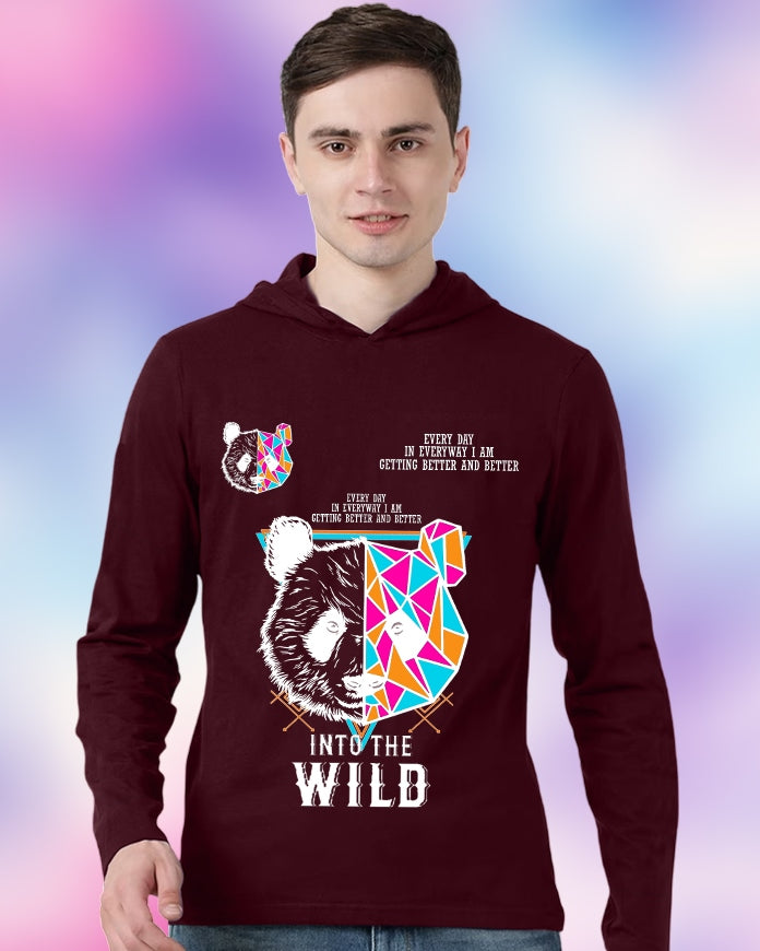 Maroon Hooded Wild Sleeve Round Neck Cotton blend Men's T-Shirt-FRONT