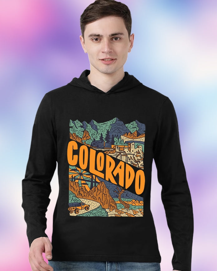 Black Hooded Colorado Sleeve Round Neck Cotton blend Men's T-Shirt-FRONT