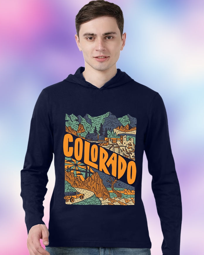 NAVY Hooded Colorado Sleeve Round Neck Cotton blend Men's T-Shirt-FRONT