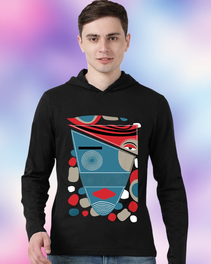Black Hooded Tiles Sleeve Round Neck Cotton blend Men's T-Shirt-FRONT
