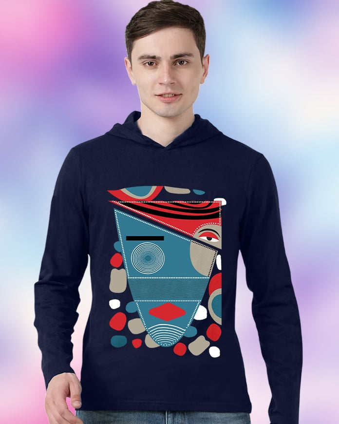 NAVY Hooded Tiles Sleeve Round Neck Cotton blend Men's T-Shirt-FRONT