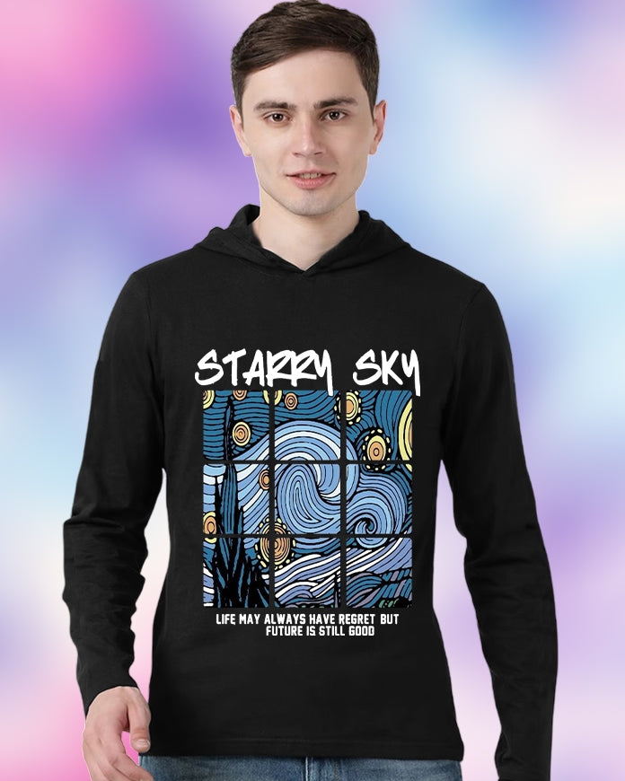 Black Hooded Starry Sleeve Round Neck Cotton blend Men's T-Shirt-FRONT