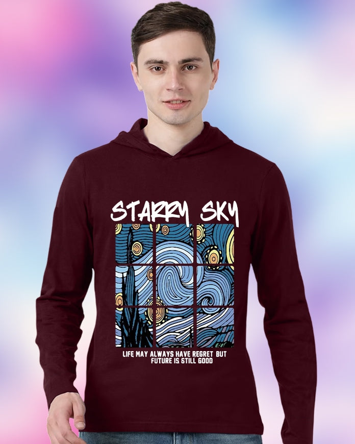 Maroon Hooded Starry Sleeve Round Neck Cotton blend Men's T-Shirt-FRONT