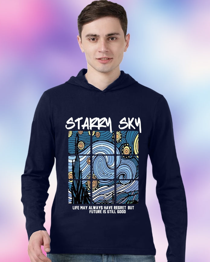 NAVY Hooded Starry Sleeve Round Neck Cotton blend Men's T-Shirt-FRONT